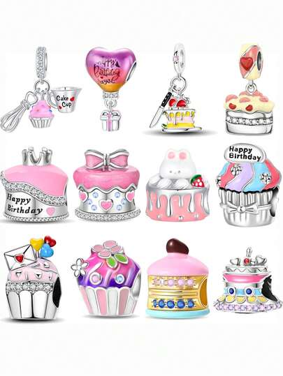 Silver Plated Charm Cake Cup Eggbeater Love Birthday Cake Series Pink Pendant Charm Pendant Ball Suitable For Bracelets DIY Women's Jewelry