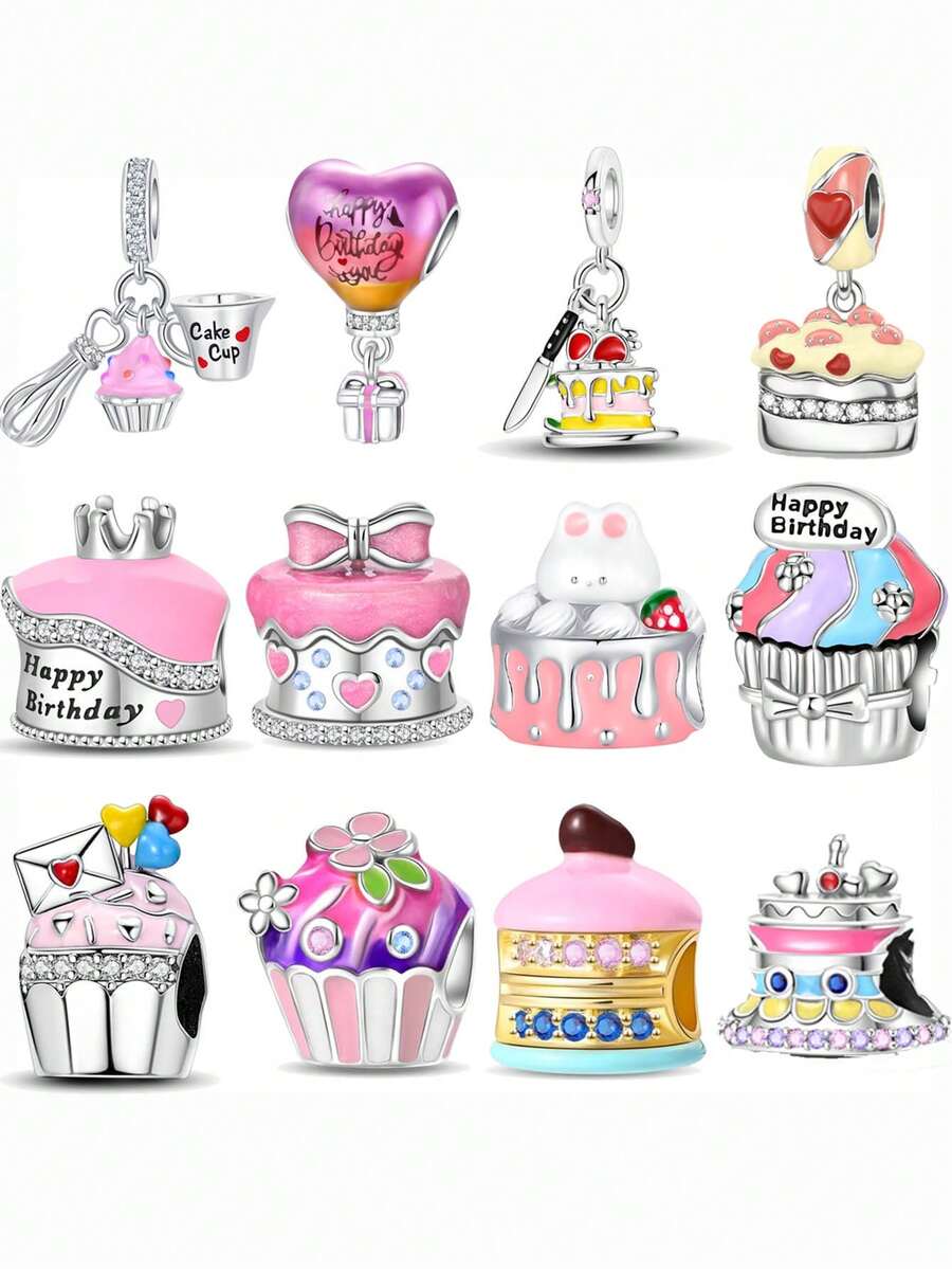 Silver Plated Charm Cake Cup Eggbeater Love Birthday Cake Series Pink Pendant Charm Pendant Ball Suitable For Bracelets DIY Women's Jewelry - Silver - View 1