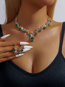 3pcs Fashionable & Elegant Rhinestone, Blue Crystal Pendant Necklace & Earrings Set, Women Jewelry Set, Bridal Jewelry Set, Party, Christmas, New Year Gift - Gold Blue - View 1