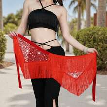 Women Belly Dance Hip Skirt Sequins Tassel Hip Wrap Scarf Ballroom Skirt Stage Show Mini Skirt Beach Vacation Party - 紅色 - 查看 5