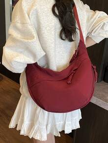 This Fashionable Yellow Nylon Waterproof Shoulder Bag Features A Minimalist And Casual Collegiate Design, With A Wide Strap, Multiple Zipper Openings, Suitable For Students, Shopping, Daily Use, And Also Makes A Great Student Shoulder Bag. - Burgundy - View 2