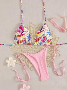 2pcs Women Summer Beach Pattern Print Halter Tie String Sexy Thong Bikini Swimsuit Set - Pink - View 2