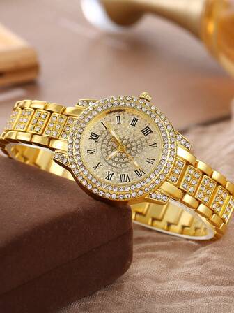 1 st. moderiktig affärsklocka med diamanter och romerska siffror för kvinnor, kvartsur