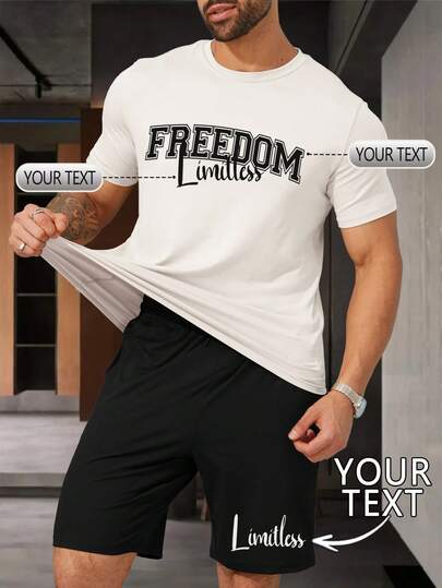 Customized 2 Pieces Set For Men: White T-Shirt And Black Shorts, Casual & Loose Fit. Upload Your Own Photo, Logo (Partner/Pet/Group Photo), And Input Text (Name, Slogan, Funny Text, Blessing) For Personalized Gift Idea For Boyfriend, Family, Friend, Birthday, Holiday, Anniversary, Party, Company Event