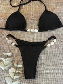 女士性感露背串珠比基尼套装，系带式后背设计，高弹面料