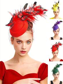 1 件蝴蝶肯塔基头饰德比迷人帽子羽毛鸡尾酒茶会迷人头饰头带女士、发饰、小帽子、迷你迷人、迷你帽 - 彩色 - 查看 11