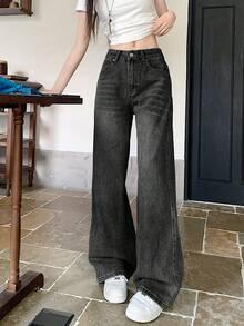 女士口袋阔腿宽松日常休闲牛仔裤
