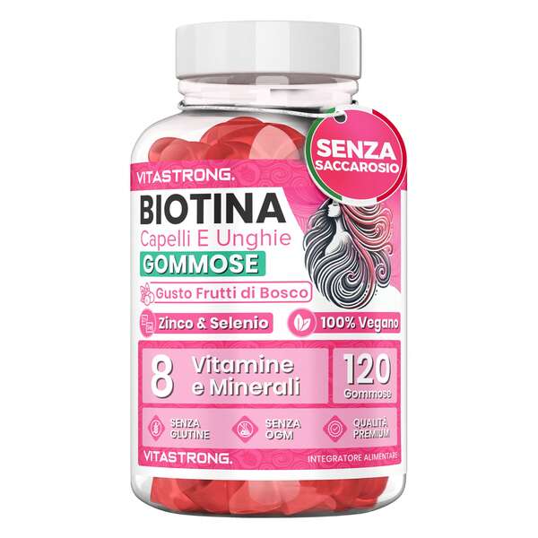 Vitastrong Biotina Complex Vegano Vitastrong, 120 Gommose per Capelli, Pelle e Unghie, Alto Dosaggio con Vitamine e Minerali, Senza Saccarosio