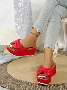 Sandalias de mujer 2025, sandalias con plataforma y cuña gruesa con lazo y estampado de leopardo sexy, sandalias elevadas cómodas de punta redonda y slip-on para mujer, esenciales casuales para primavera/verano, para usar con vestidos - Serpiente roja - Ver 5