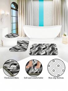 4pcs/Set Modern Abstract Wave White & Gray Striped Shower Curtain Set, Waterproof Shower Curtain With 12 Hooks, Bathroom Non-Slip Mat, U-Shaped Toilet Mat And Round Toilet Lid Cover, Bathroom Set For Full Scene Use Back To School