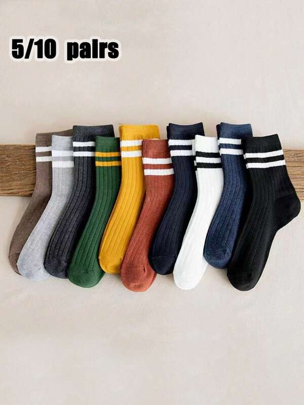 5/10 Pairs Random Striped Casual Mid-Calf Socks, Unisex Couples Socks Suitable For All Seasons Daily Wear, Outdoor, Sports