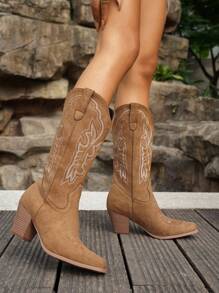 2024 Spring/Fall New Plus Size Women's V-Cut Pointed Toe Chunky Heel Embroidery Western Cowboy Boots, Outdoor Fashion Slip-On Mid-Calf Boots