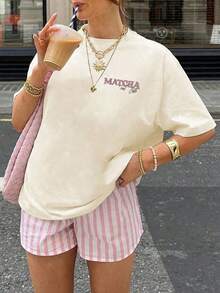 Áo thun nữ cỡ lớn in họa tiết trà xanh, cổ tròn, tay ngắn, thích hợp mặc mùa hè, cỡ lớn, cỡ lớn mùa thu, mùa đông. - Màu be - Xem 6