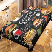 1/20pcs Black Themed Rectangular Polyester Tablecloth - Vibrant Fast Food Design With Burgers, Fries & Milkshakes, Durable & Easy-Clean Machine- Fabric For Kitchen, Dining Room, Parties, Outdoor Dining, Kitchen Decor, Bold Graphics, Cover, Stylish Table Linen, Food Enthusiasts - Multicolor - View 1