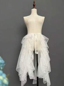 1pc Asymmetrical White/Black Tailcoat Dress, Asymmetrical Fish Tail Skirt, Layered Tulle Dress, Flowy Singing Dress, Cover-Up Dress, Crystal Chiffon Maxi Skirt, One-Piece Apron, Ruffled Multilayer Trailing Dress Suitable For Wedding, Banquet, Performance, Party, Bride, Bridesmaid, Stage Show, Cosplay, Travel Photo Prop, Dancing, Halloween Costume Fall Clothes For Women