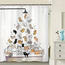 1 Pc Cute Cat Shower Curtain,Durable Polyester Fabric, Waterproof, Punch-Free And Easy To Install, Suitable For Home, Hotel, Vacation, Gift,Bathroom Curtains Shower Set With 12 Hooks,Fun Cartoon Animals Raining Colorful Funny Cute Pets Playing Water Art,Room Decor,Bathroom Decor