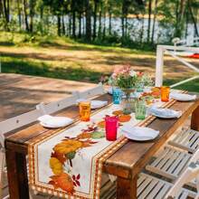 1 Stück Orange Kürbis bedruckter Tischläufer, Leinen Ahorn Blatt karierten Schal für Waschtisch, Küche, Esszimmertisch Dekoration, Ernte Thanksgiving Feiertag Party, Kaffee