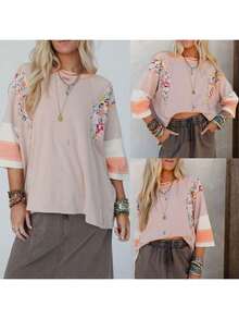 Women's Spring Autumn Loose Tops 3/4 Sleeve Round Neck Floral Print Striped T-Shirt - Pale Pinkish Gray - View 2