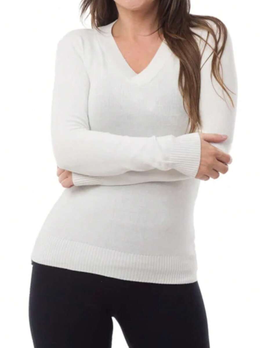 Cold Weather Knitted Sweater Top V Neck Plain Basic Long Sleeve Winter Women Simple Knitwear Knitted Daily Autumn Long Sleeve - 白色 - 查看 1