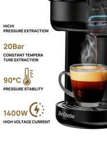 Brutelle 咖啡机 三合一胶囊咖啡机 700ML 可拆卸水箱 1400W 快速加热 20Bar 高压萃取 小型多功能咖啡机 黑色 适用于家庭咖啡厅咖啡角