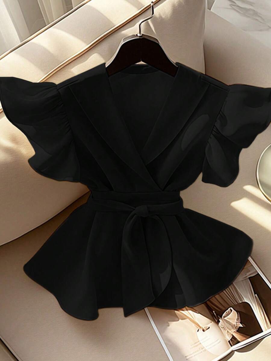 Elegant V-Neck Solid Color Ruffle Sleeve Tie Waist Shirt With Solid Color Belt Black Summer - Black - View 1