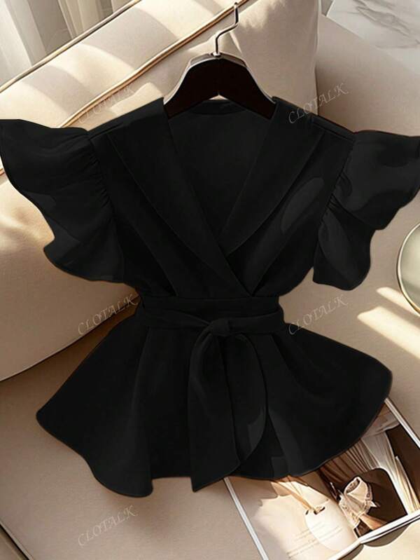 Camisa elegante de cuello en V de unicolor con mangas con volantes, cintura con lazo y cinturón de unicolor