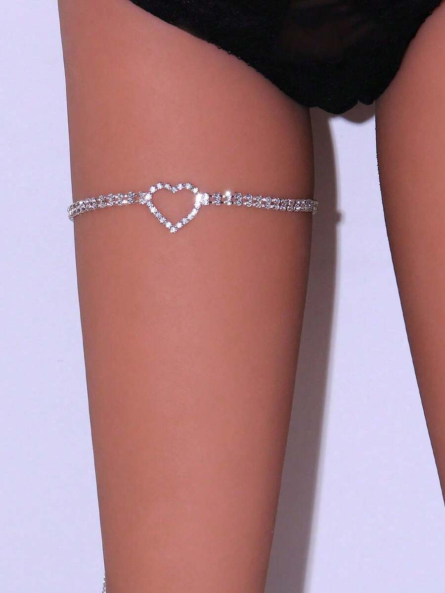 1pc Silver 2-Row Heart Crystal Leg Chain, Fashionable And Versatile Leg Jewelry - Silver - View 1
