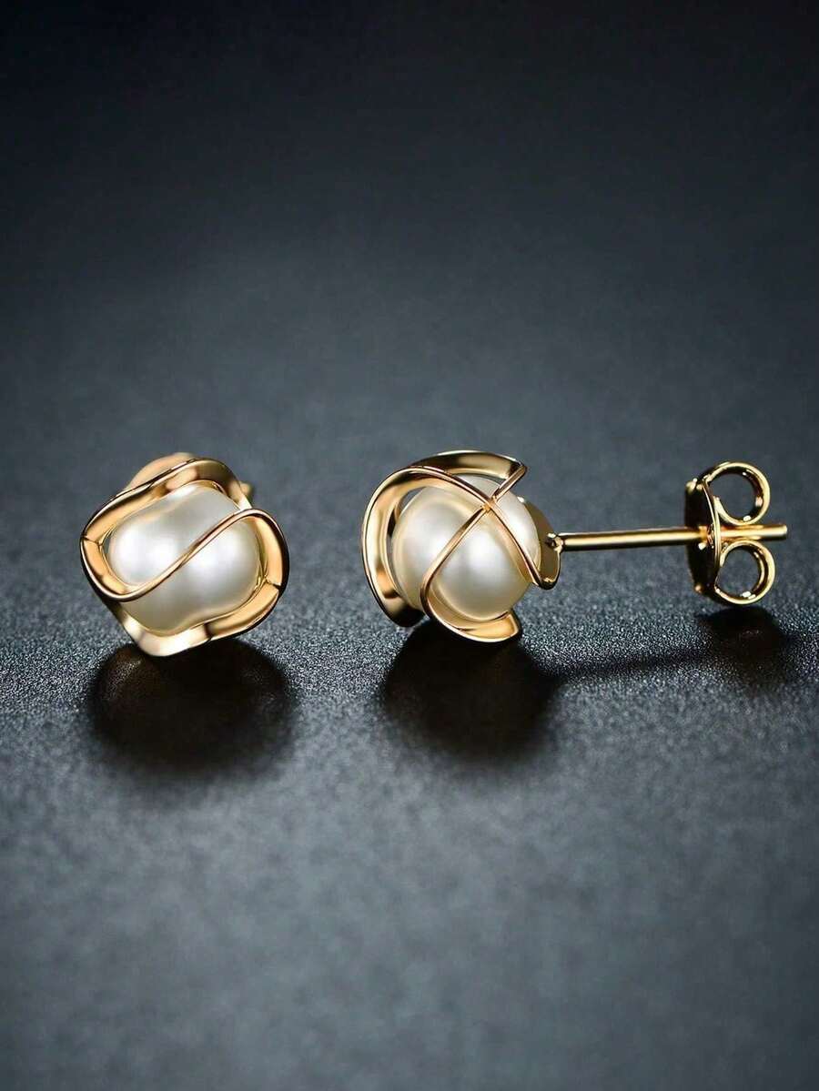1 对女士仿珍珠耳钉，适合日常佩戴 - 金色 - 查看 1