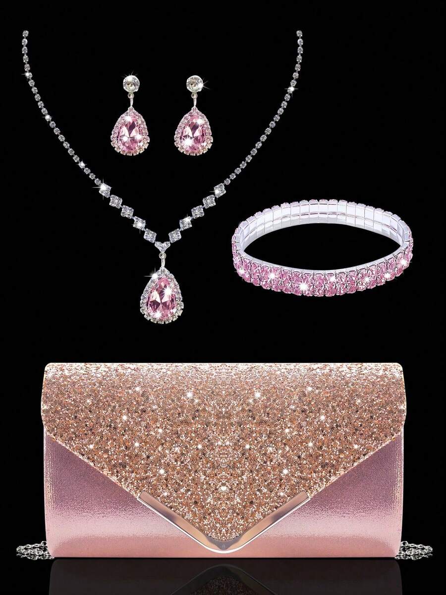 Women's Rhinestone Evening Clutch, 4pcs Rhinestone Ear Clips Bridal Wedding Necklace Bracelet Pendant Set, Shiny Wallet, Perfect For Party, Wedding, Ball, Evening/Banquet, Bridal Gown, Formal Occasion, Ball Gown, Birthday Dress - Pink - View 1