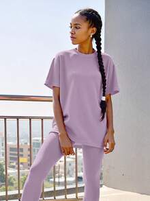 Girls' Summer Outfit, Mist Pink Sports Set, Casual Minimalist Style, Breathable Quick-Dry Tight Pants 2 Pieces Set