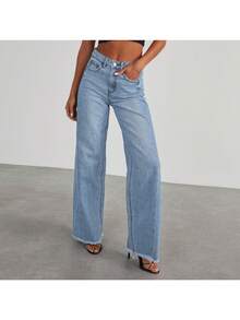 Fashion High Waist Jeans With Pockets Comfortable Slim Fit Straight Wide-Leg Pants Womens Clothing