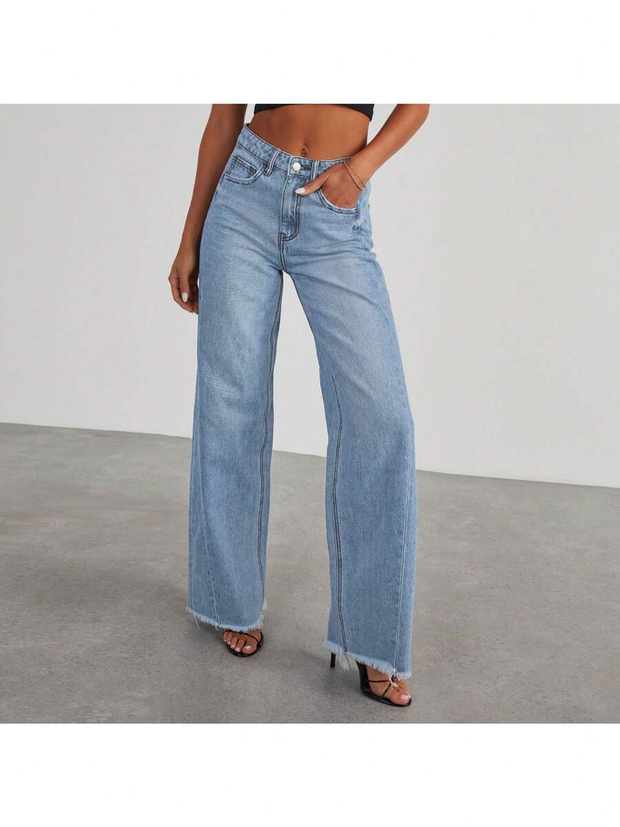 Fashion High Waist Jeans With Pockets Comfortable Slim Fit Straight Wide-Leg Pants Womens Clothing