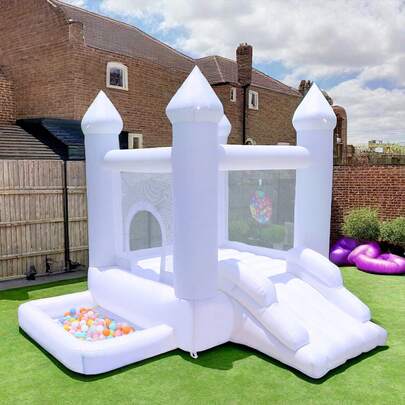 White Inflatable Bounce House, Inflatable Castle With Slide And Ball Pool, Perfect For Indoor Parties, Weddings, And Backyard Entertainment, Made Of Durable Oxford Cloth And PVC, 9FT White Inflatable Bounce Castle