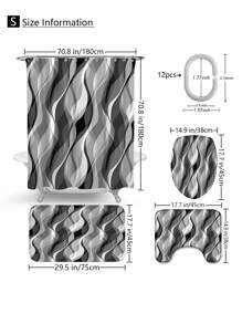 4pcs/Set Modern Abstract Wave White & Gray Striped Shower Curtain Set, Waterproof Shower Curtain With 12 Hooks, Bathroom Non-Slip Mat, U-Shaped Toilet Mat And Round Toilet Lid Cover, Bathroom Set For Full Scene Use Back To School