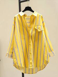 Women's Striped Color Block Button Asymmetric Hem Long Sleeve Shirt Blouse - Day To Night Versatile Top,Fall Clothes For Women - Yellow - View 2