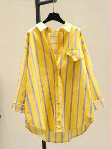 Women's Striped Color Block Button Asymmetric Hem Long Sleeve Shirt Blouse - Day To Night Versatile Top