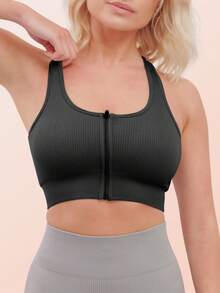 LoveMyFashions Zip Front Fastening Sports Bra For Women Removable Pad Solid Color Zippered Workout Tops For Running Training Cycling Workout Post Surgery Bra