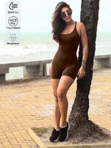 Seamless Sports Romper, With Removable Pads, NO Butt Lift, Cross Straps - 咖啡棕 - 查看 3