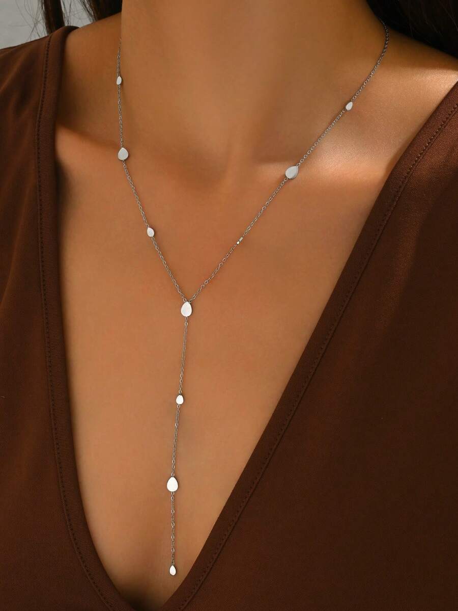 LIEBEIRIS 1 件 18K 镀金简约泪滴 Y 形不锈钢女士项链，适合日常佩戴和送礼 - 銀色 - 查看 1
