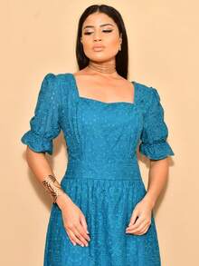 Helena Long Dress Luxury Lese Embroidered Cotton Short Sleeve Plain - 水鴨藍 - 查看 5