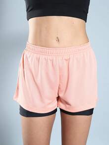 WOMEN'S DOUBLE FITNESS SHORTS IDEAL FOR RUNNING AND THE GYM - 珊瑚粉 - 查看 3