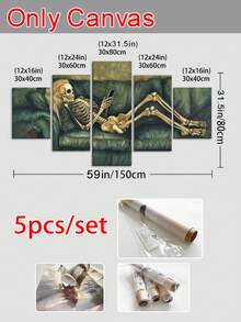 Juego de 5 piezas, Gran pintura al óleo moderna sobre lienzo con marco, El esqueleto recostado en el sofá verde, Arte de pared de calavera, Decoración de Halloween, Otoño, Para dormitorio, sala de estar, baño, gimnasio, estudio de yoga, decoración para el hogar - Multicolor - Ver 13