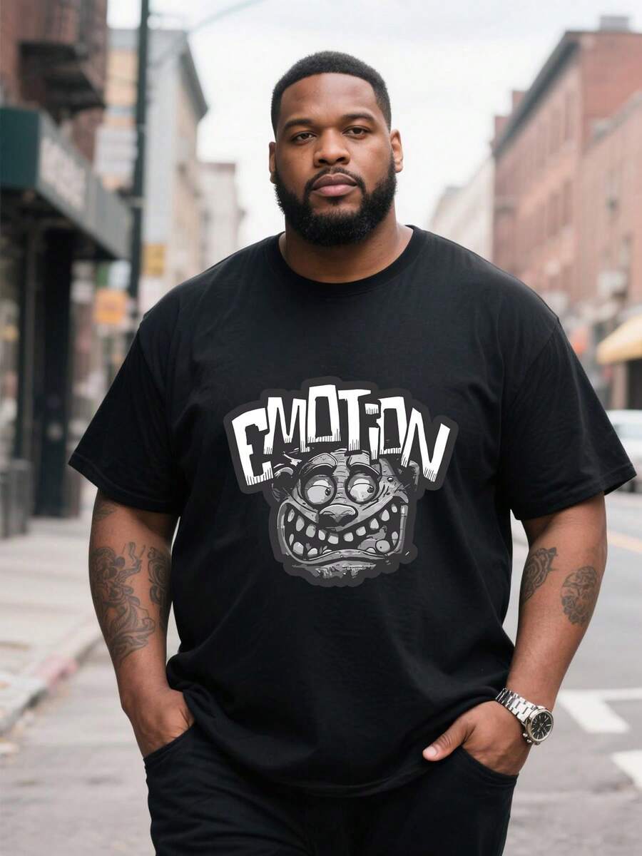 Big And Tall Men, "EMOTiON" Word And An Image Of An Emotional Face Stylish Funny Graphic Black Tee, Casual Soft Short Sleeve Oversized Pure Cotton 220g Pattern Printed T-Shirt - Black - View 1