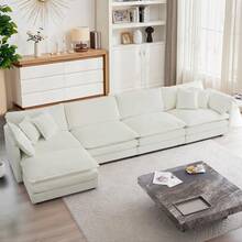 Modular Sectional Sofa, 146.5 Inch L Shaped Couch Set For Living Room, 4-Seater Comfy Cloud Couches With Movable Ottoman, DIY Combination, Chenille, Beige - 米色4人座+腳凳 - 查看 1
