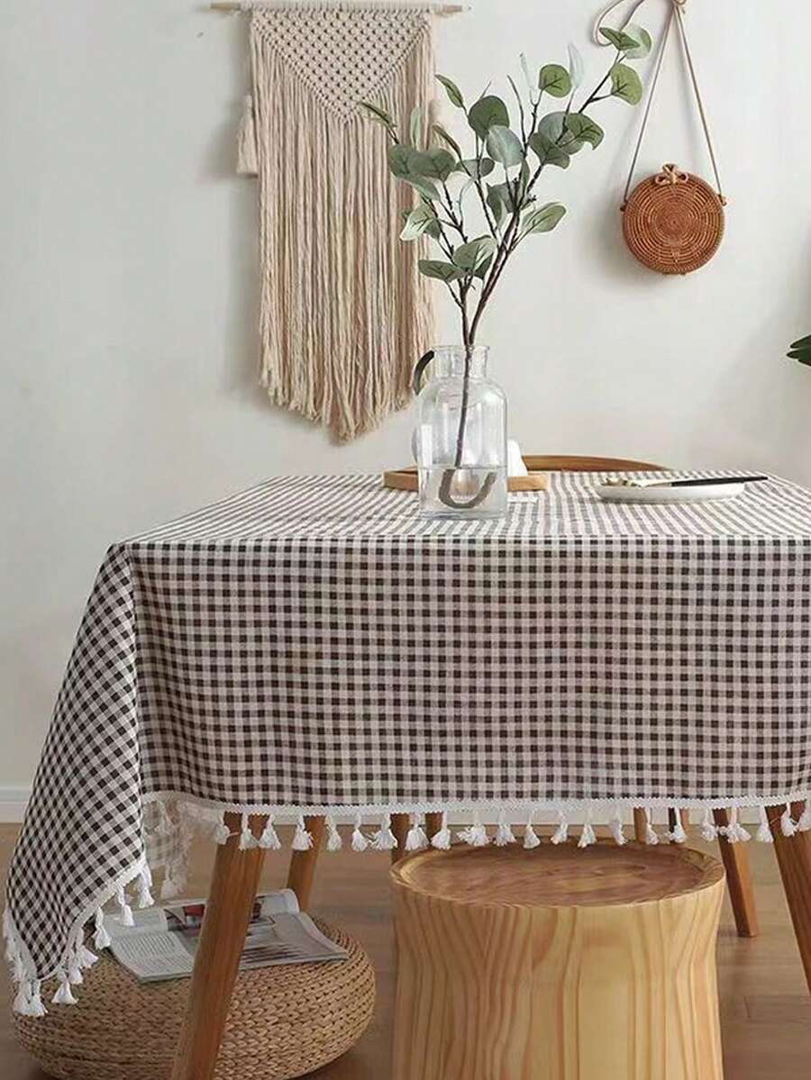 1/24 件日式紧凑型格子桌布，带流苏边，适合家庭、餐桌的长方形桌布 - 白卡色 - 查看 1