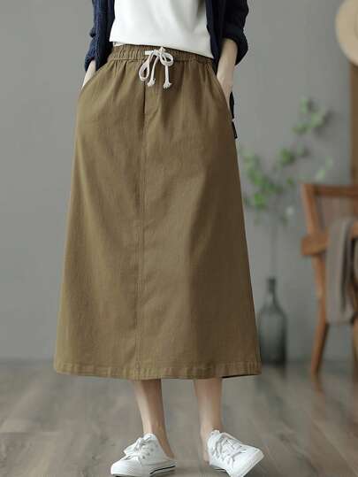 Vintage Style A-Line Mid-Calf Skirt With Elastic Waist And Drawstring Details - Machine Washable, Women Polyester Blend, With Pockets
