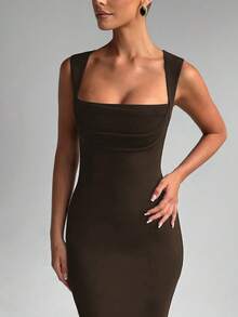 Sommer Damen ärmeloses Bodycon elegantes langes Kleid mit quadratischem Kragen, sexy Party Abendkleid - Braun - Übersicht 4