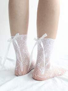 2双装女婴可爱蕾丝蝴蝶结装饰提花网眼短袜，适合夏季女童