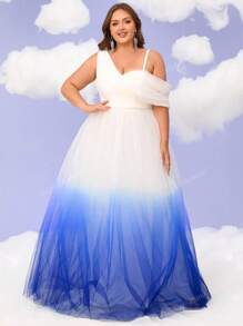 Plus Size Women Ombre V-Neck Formal Maxi Dress, Cocktail Party Prom Gowns, Backyard Wedding Dresses, Single Shoulder