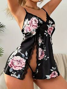 Comfy Cool Fabric Women's Split Floral Nightgown,  Sexy Women's Lingerie Underwear - 黑色 - 查看 1